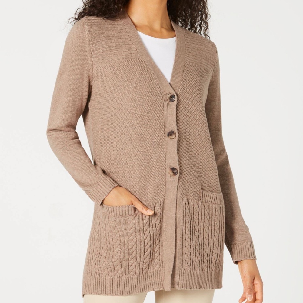 KAREN SCOTT Medium Macey's Beige sweater Cardigan NEW! $68